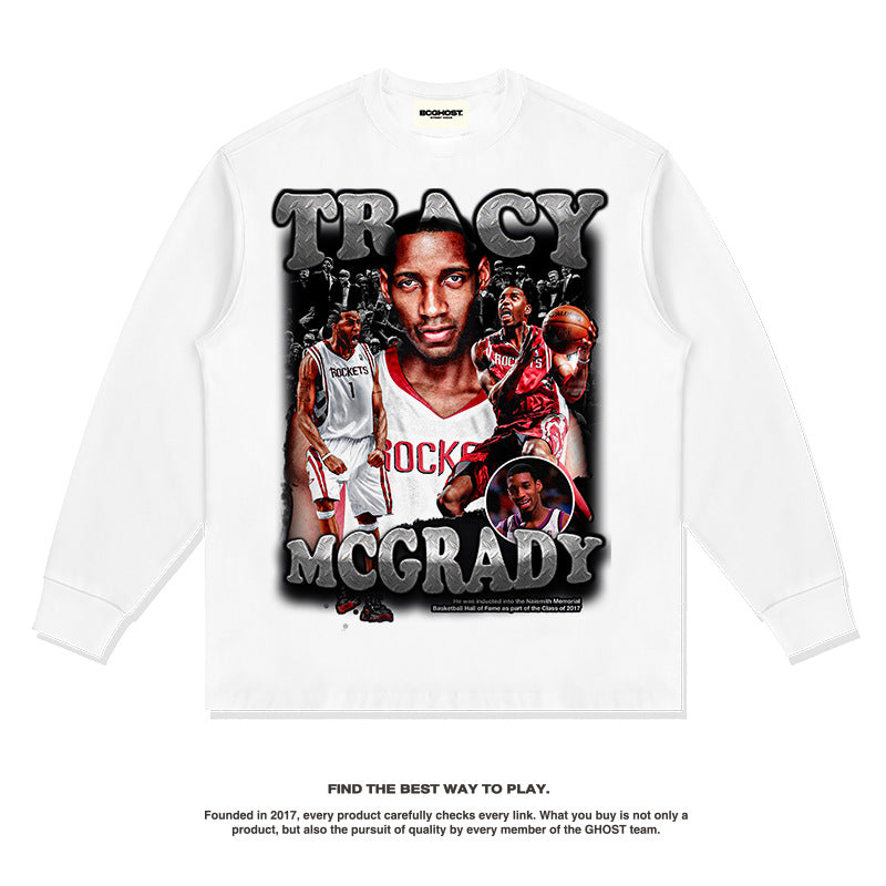 Nba Long Sleeved Shirt Autumn and Winter Tracy Mcgrady American Street Printed Long Sleeve T-shirt Washed