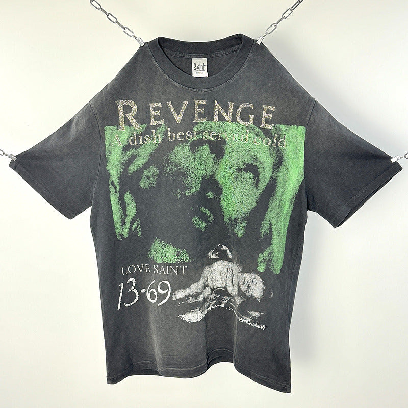 Men Vintage T-Shirts Saint "Revenge is a dish best served cold" Washed Distressed T-Shirts