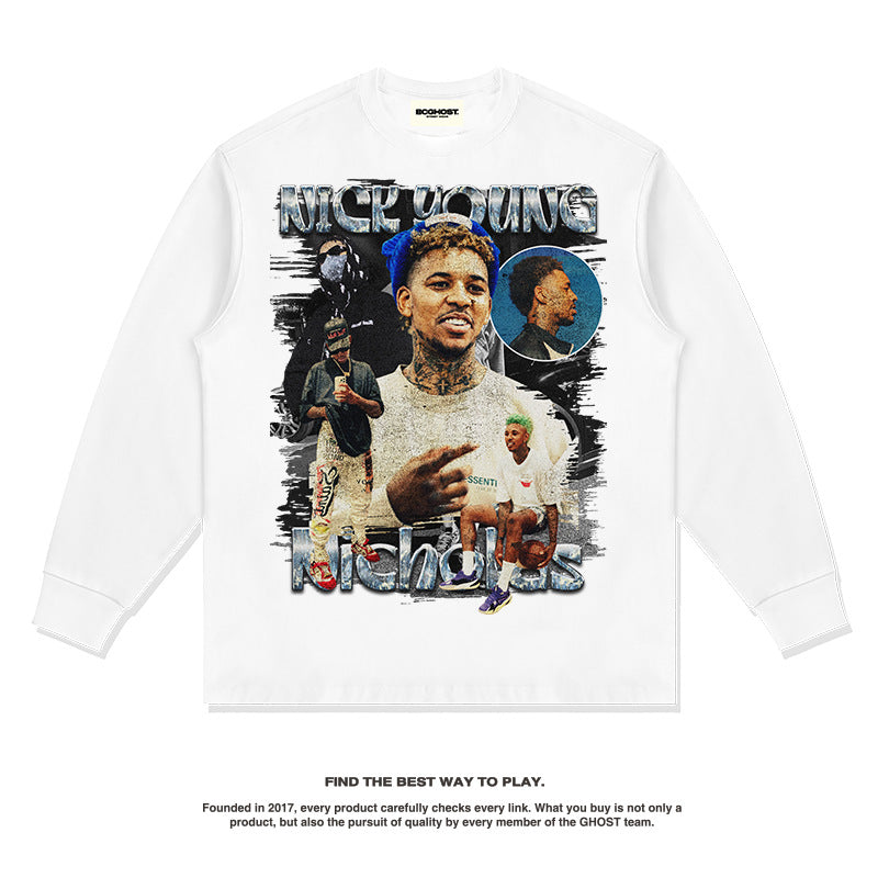 Nba Long Sleeve Shirt Washed Old Long Sleeve T-shirt High Street Pure Cotton