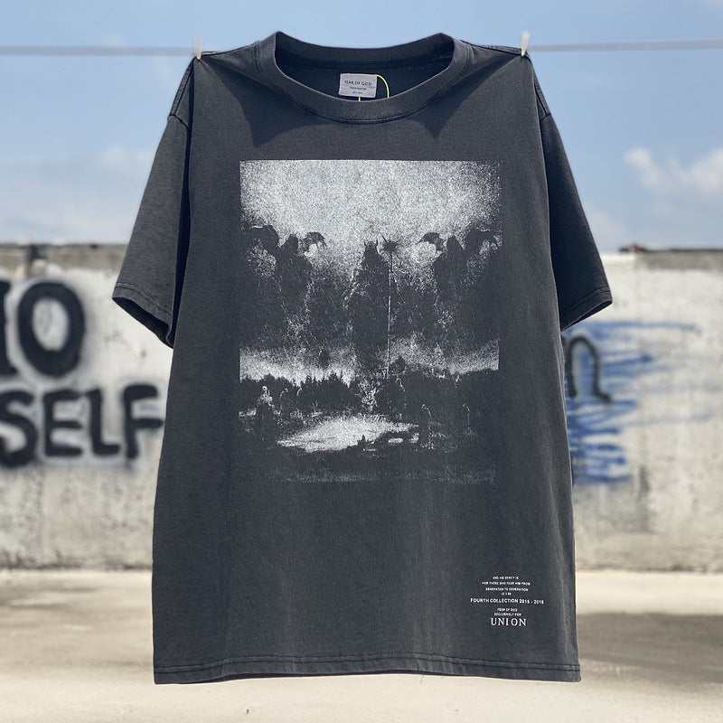 Men Vintage T-Shirts vintage Washing Water Old Short Sleeve Three Gods Judgment Casual Loose