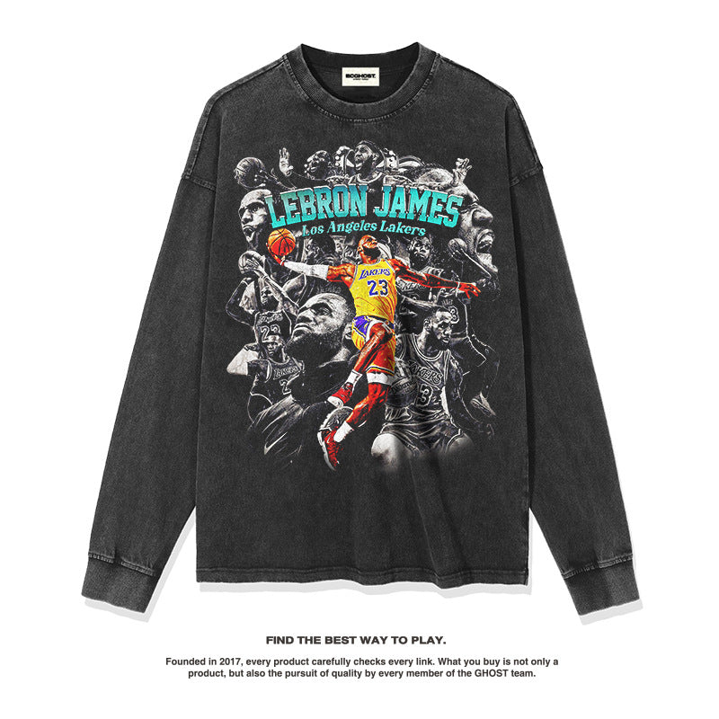 Nba Long Sleeve Shirt Washed Long Sleeve T-shirt for Men