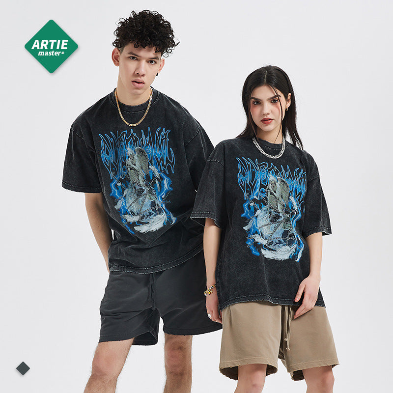 Jesus Is King T Shirt Artie Men's Clothing High Street Fashion Brand Vintage Print Men's Short-Sleeved T-shirt Dark Wash