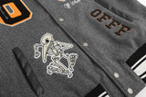 Off White Jacket Spring OW Skull Decal Woolen Splicing Leather Sleeve Heavy Industry Embroidered Jacket