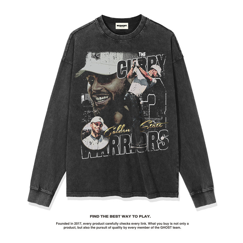 Nba Long Sleeve Shirt American Vintage Printed Long Sleeve T-shirt Cotton Loose round Neck Men and Women