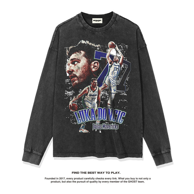 Nba Long Sleeve Shirt Long Sleeve T-shirt Washed Distressed round Neck