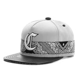 Trendy flat brimmed hat cashew pattern printing embroider leather hat