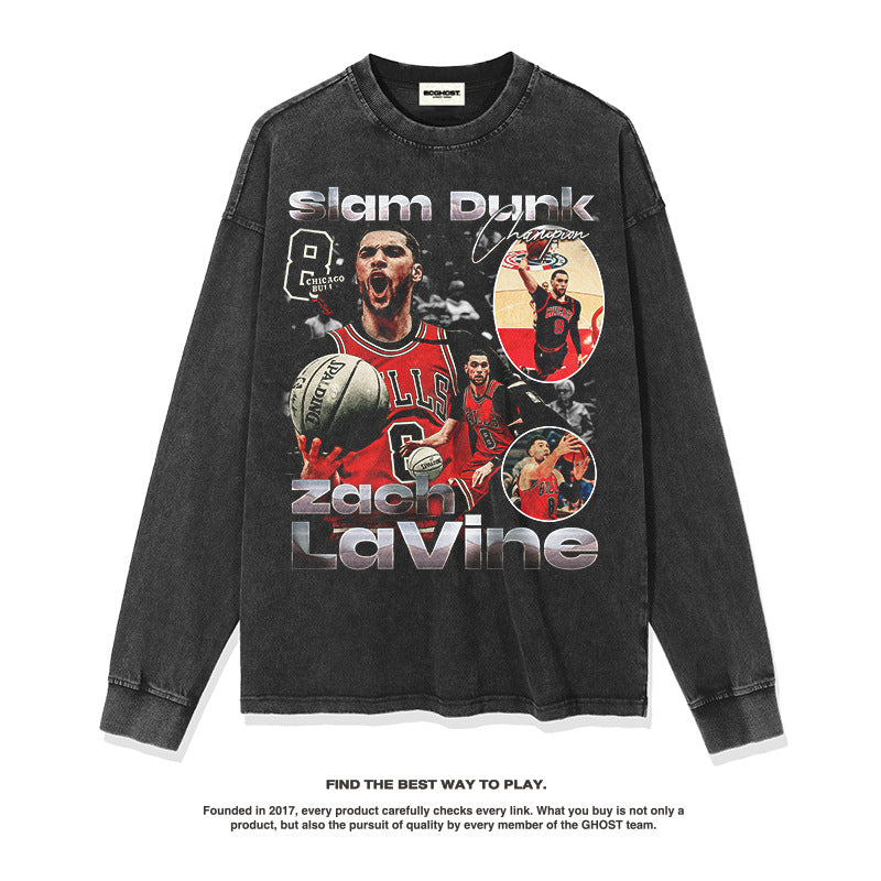 Nba Long Sleeve Shirt Autumn and Winter Long Sleeve T-shirt Washed Cotton round Neck