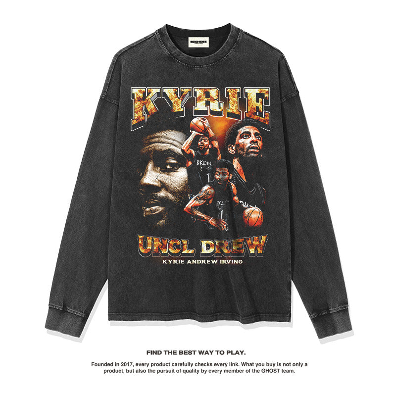 Nba Long Sleeve Shirt Autumn and Winter Owen Kyrie Irving American Long Sleeve T-shirt Washed