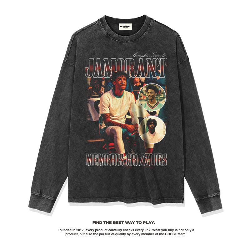 Nba Long Sleeve Shirt Washed Distressed Long Sleeve T-shirt Vintage Cotton round Neck