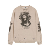 Jesus Is King Sweater High Street Vintage Jesus Print round Neck Pullover Leisure Loose Version Sweater