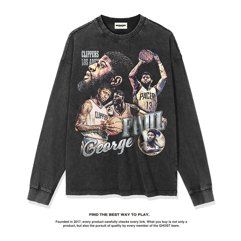 Nba Long Sleeved Shirt Paul George Clippers Autumn and Winter Long Sleeve T-shirt Men's and Women's Loose Top