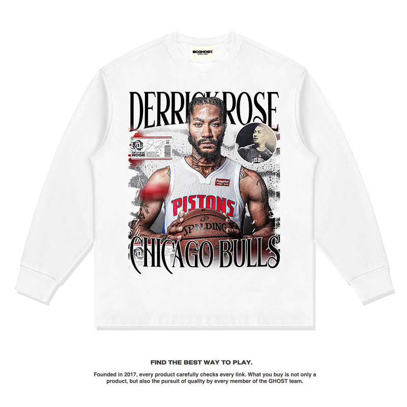 Nba Long Sleeve Shirt Derrick Rose American Street Basketball Jersey Printed Long Sleeve T-shirt Washed