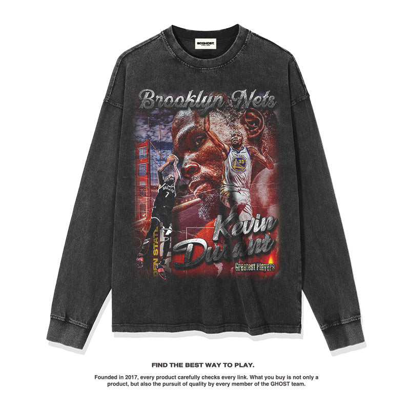 Nba Long Sleeve Shirt Long Sleeve T-shirt Washed Old Fashion Brand Cotton Loose round Neck