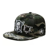 Trendy flat brimmed hat embroider camouflage skull hip