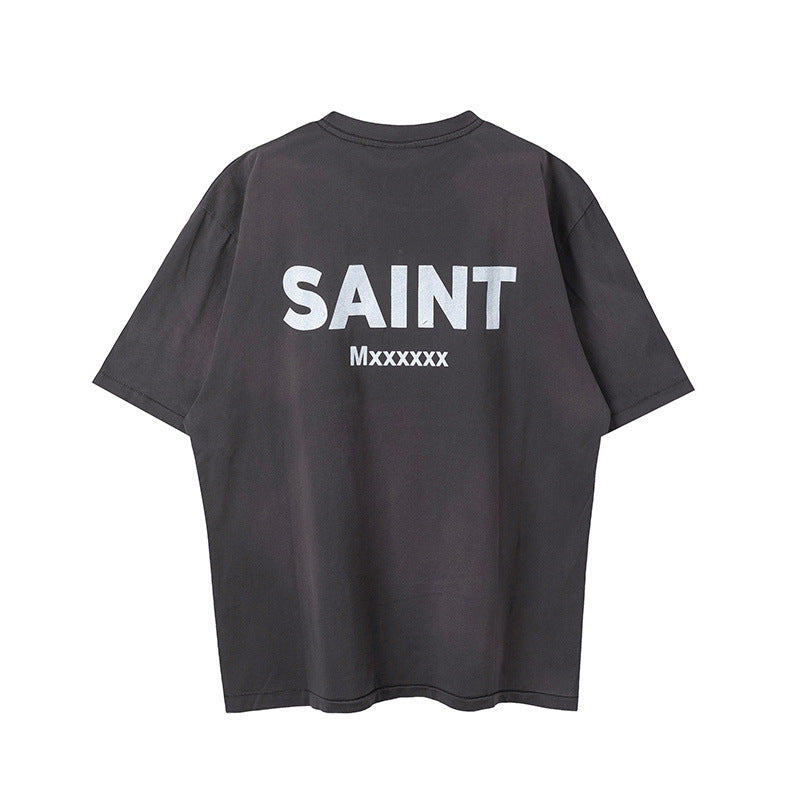Mens Vintage T-Shirts Saint Michael Cartoon Wash Old Short Sleeve Vintage Loose