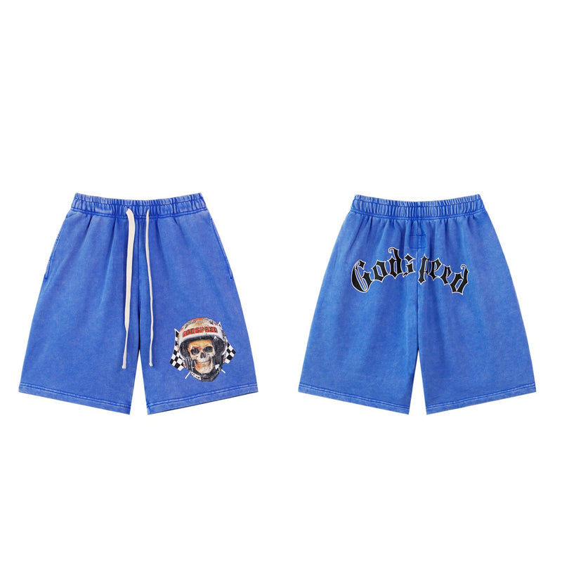 Godspeed Shorts Summer GOD Skull Racer Pattern Casual Loose Shorts