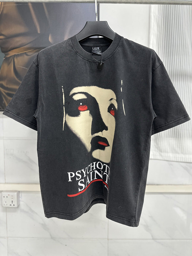 Men Vintage T-Shirts Saint Michael "PSYCHOTIC SAINT" Washed Black T-Shirts