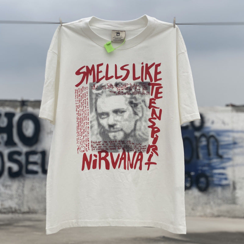 Men Vintage T-Shirts Vintage Red Cobain's suicide note High Street Short Sleeve Washing Water Old Loose