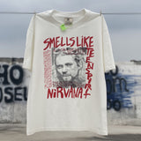 Men Vintage T-Shirts Vintage Red Cobain's suicide note High Street Short Sleeve Washing Water Old Loose