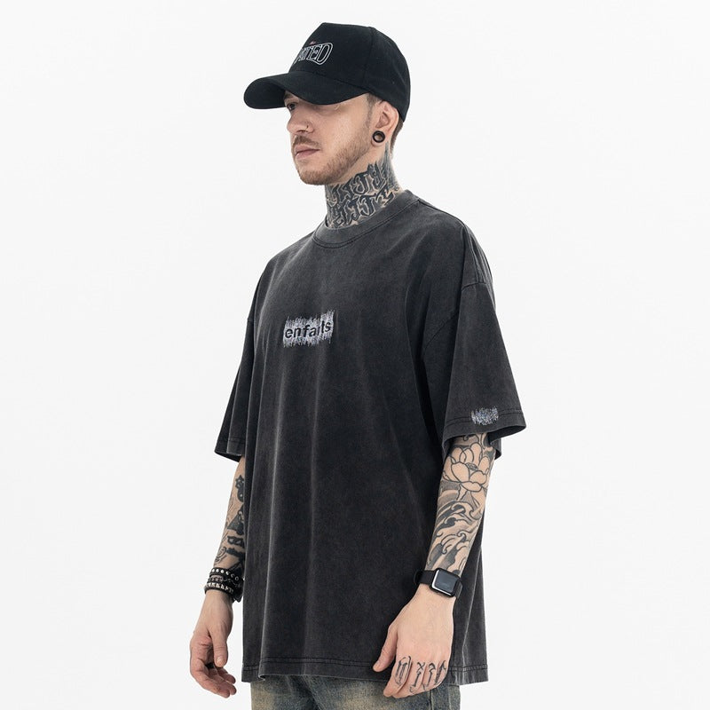 ERD T Shirts Washed Embroidery Retro Short Sleeve T-shirt Men