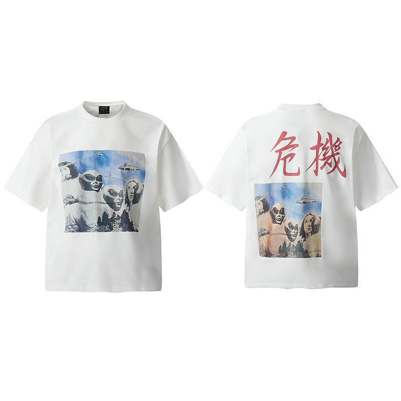 Men Vintage T-Shirts Alien Crisis Chinese Fonts