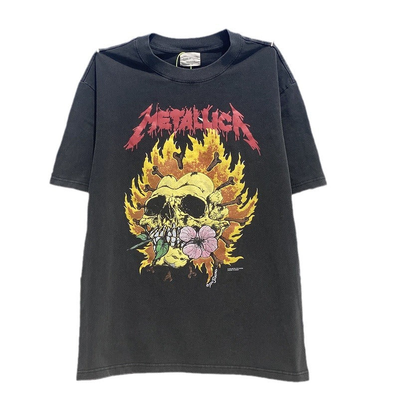 Mens Vintage T-Shirts Washing Water Old Short Sleeve Fog Flame Skull Print Casual Loose