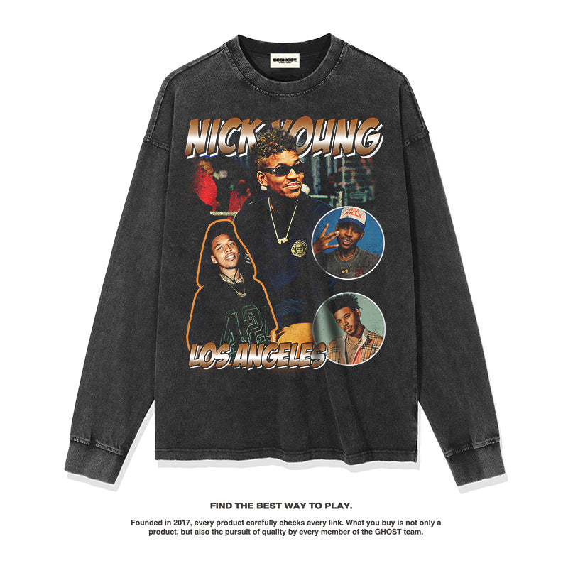 Nba Long Sleeve Shirt Autumn and Winter Nick Yang Washed Long Sleeve T-shirt Cotton Men and Women Loose
