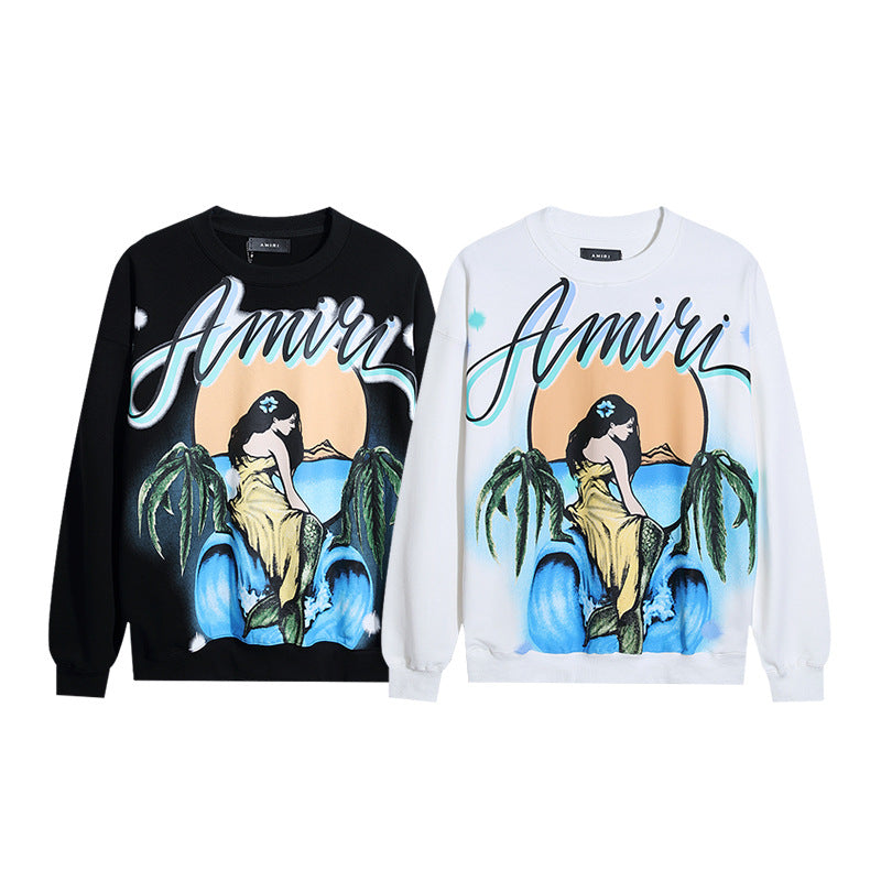 Amiri Sweatshirt AMI Mermaid Letter Print Crew Neck Sweater Men and Women