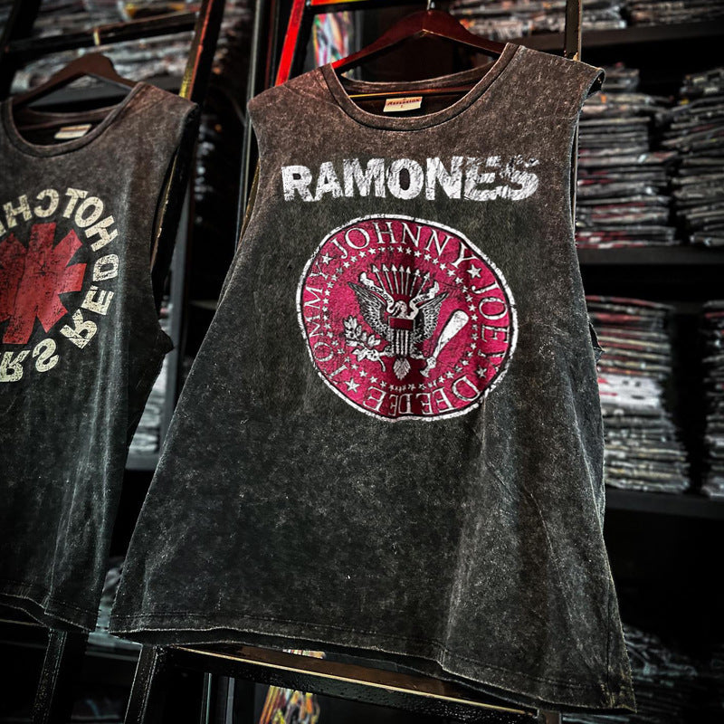 Pearl Jam T Shirts Doors Ramones Rock Washed Vintage Tank Top Cotton Sleeveless T-Shirt(Part1)