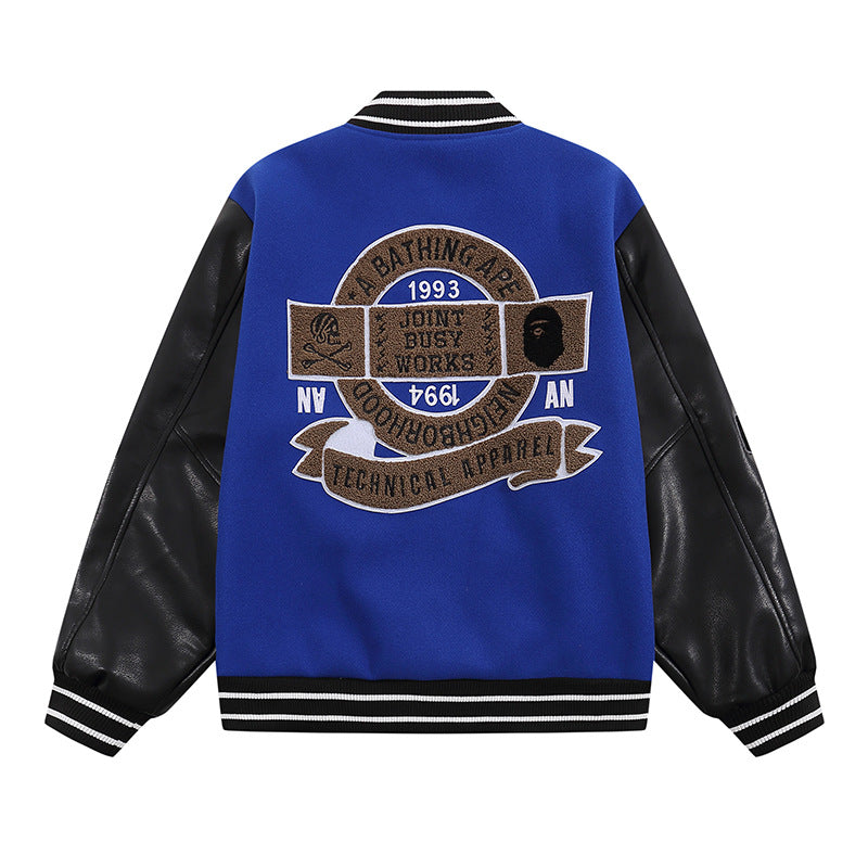 Bathing Ape jacket autumn and winter ape man letter embroidered patch leather sleeve baseball cotton jacket cotton coat