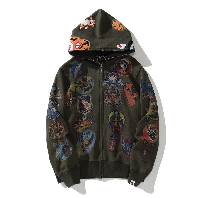 Bathing Ape Hoodie 15th Anniversary Hooded Sweater Men's Autumn and Winter Fleece Cardigan Zipper Shark Head Jacket