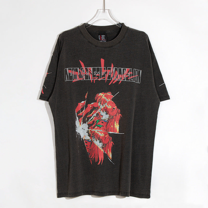 Men Vintage T-Shirts EVA Asuka Anime Vintage Washed Old Short Sleeves Loose