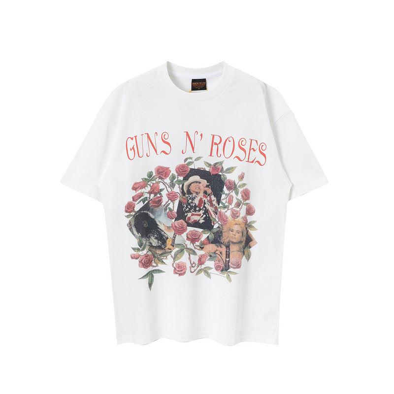 Men Vintage T-Shirts Gunsn Rose Short Sleeve Wash Vintage Old Print