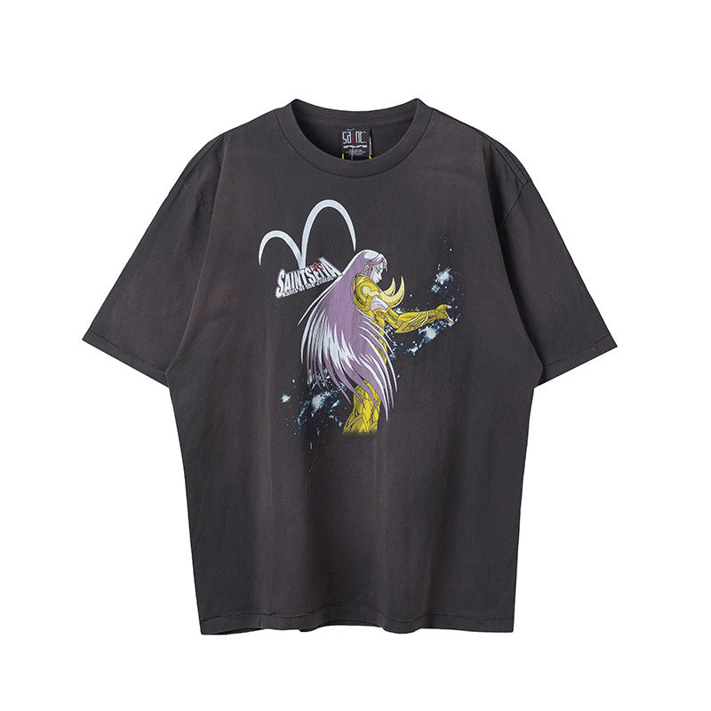 Mens Vintage T-Shirts Saint Michael Anime Short Sleeves Old Loose