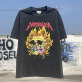 Mens Vintage T-Shirts Washing Water Old Short Sleeve Fog Flame Skull Print Casual Loose