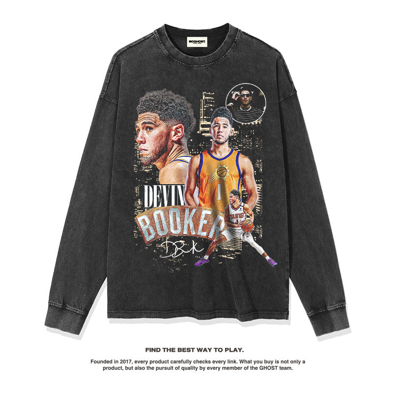 Nba Long Sleeve Shirt Autumn and Winter Devin Booker American Style Loose Heavy Long Sleeve T-shirt