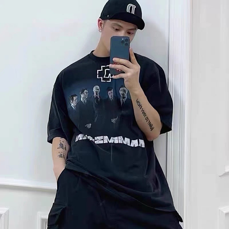 Men Vintage T-Shirts Vintage German Chariot Band RAMMSTEIN Short Sleeve Street Old Wash