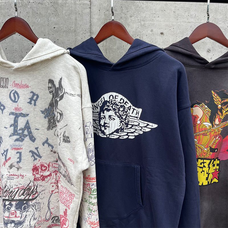 Mens Vintage T-Shirts Saint Michael Washing vintage Loose Hooded Sweater Hoodie