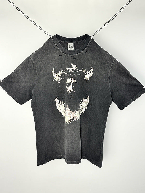 Mens Vintage T-Shirts Saint Jesus Print Washed Distressed T-Shirts