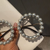 Trendy punk glasses retro round frame with pearl trim