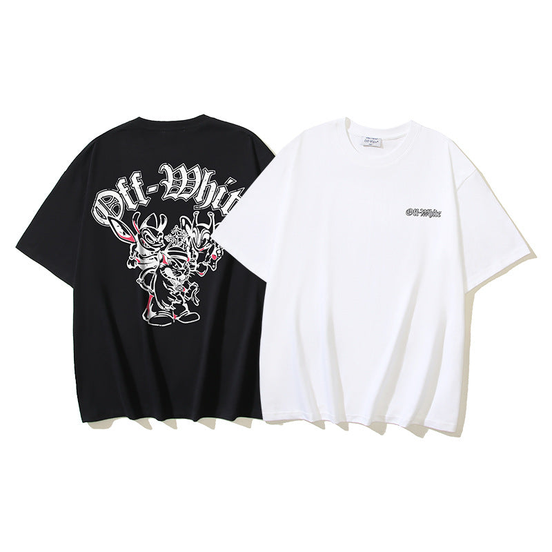 Off White T Shirts OW Cartoon Animal Pattern Crew Neck Pullover Short Sleeves