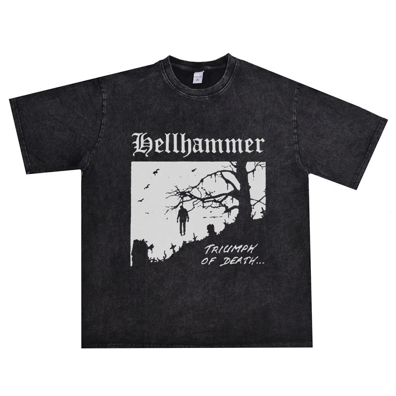 Rock Star T Shirt Hell Hammer Band Washed Distressed T-shirt Short Sleeve Loose