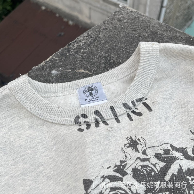 Jesus Is King Sweater Saintmichael Vintage Graffiti Destroyed Loose round Neck American Fog Sweater Men