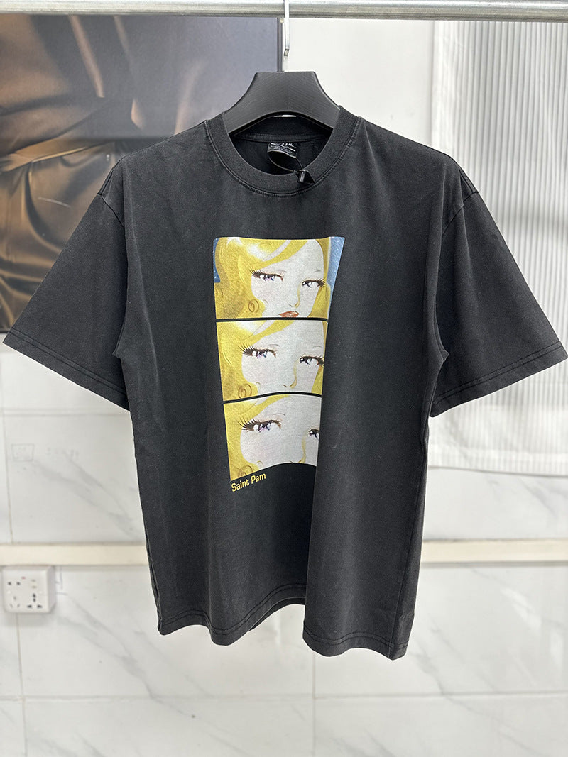 Men Vintage T-Shirts Saint Michael "Saint Pam" Washed Black T-Shirts