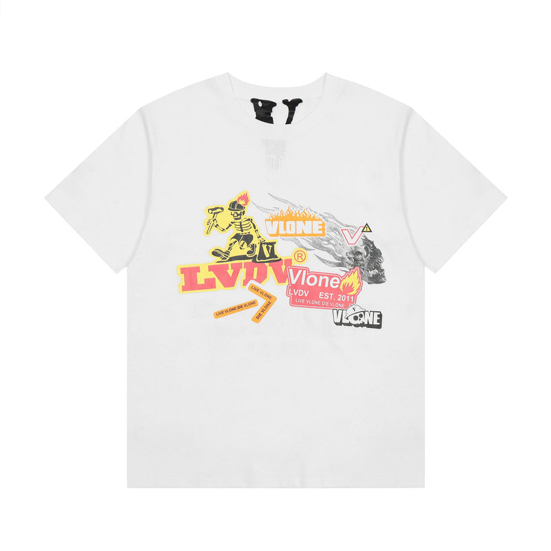 Vlone T Shirt Spring Summer Cartoon Pattern Letter Crew Neck