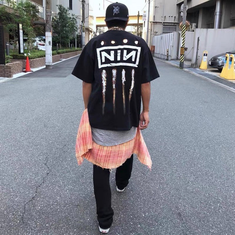 Men Vintage T-Shirts vintage Washing Water Old Nine Inch Nails Printed Short Sleeves Loose Casual