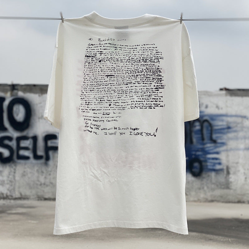 Men Vintage T-Shirts Vintage Red Cobain's suicide note High Street Short Sleeve Washing Water Old Loose