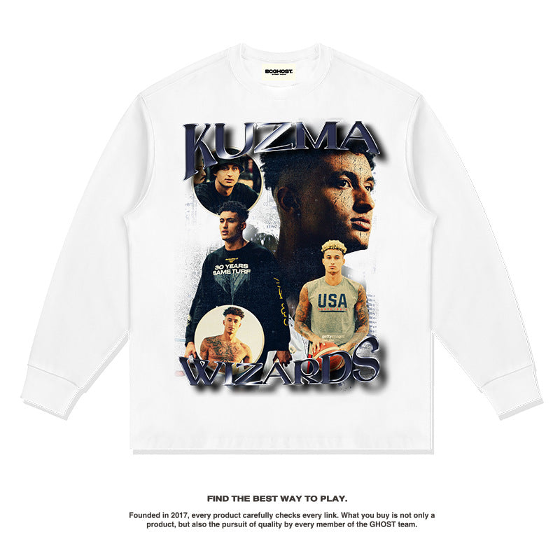 Nba Long Sleeved Shirt Autumn and Winter Washed Distressed Long Sleeve T-shirt Loose Heavy round Neck Sweater Fashion