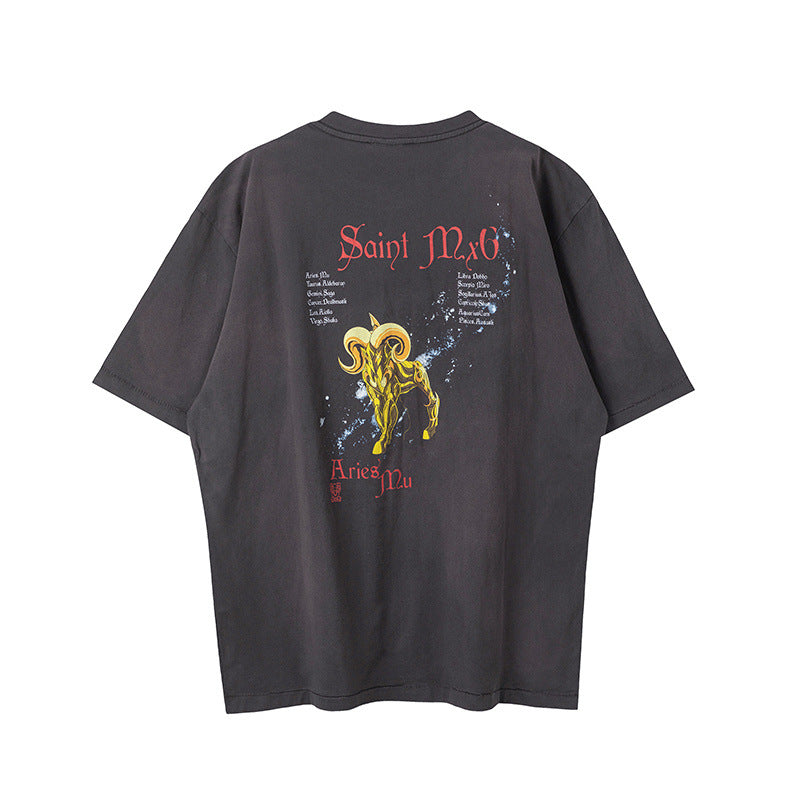 Mens Vintage T-Shirts Saint Michael Anime Short Sleeves Old Loose