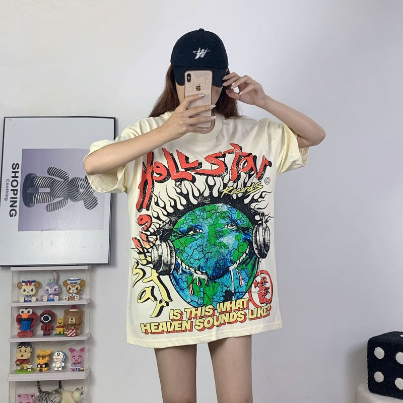 Hellstar T Shirt Earth Print Casual Loose